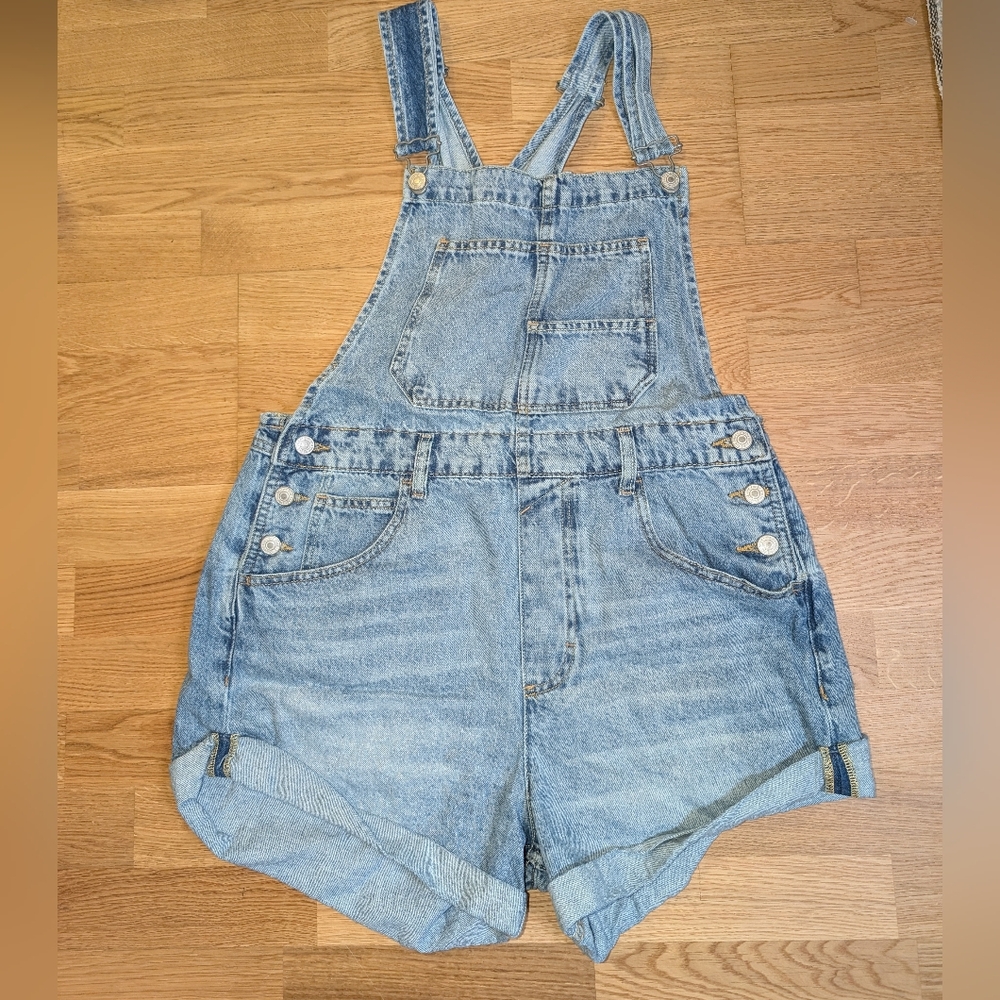 Free People Light Wash Denim Short Overalls